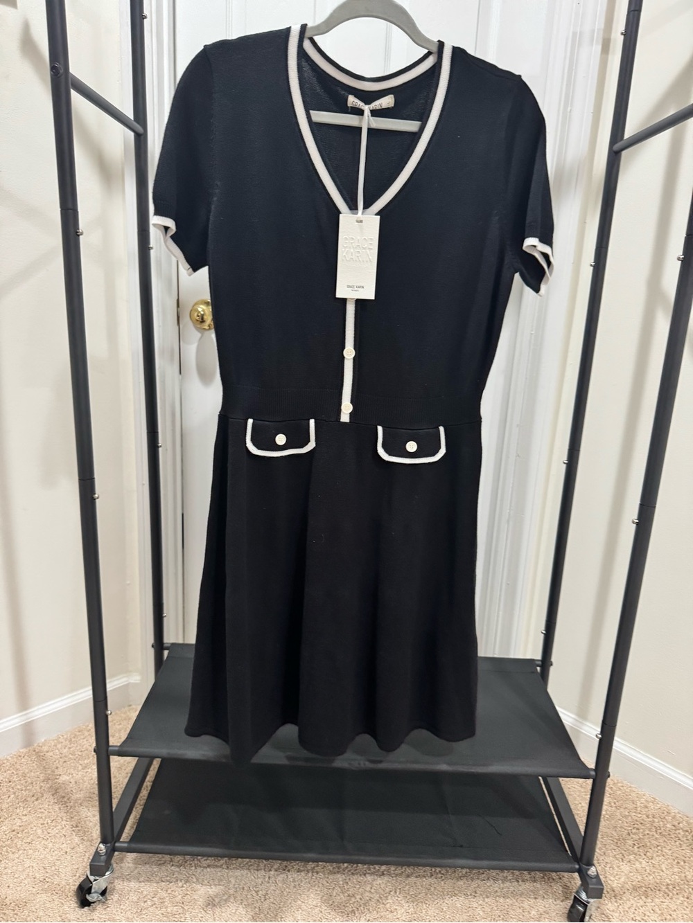 Grace Karin Black Fit and Flare Sweater Dress with White Trim